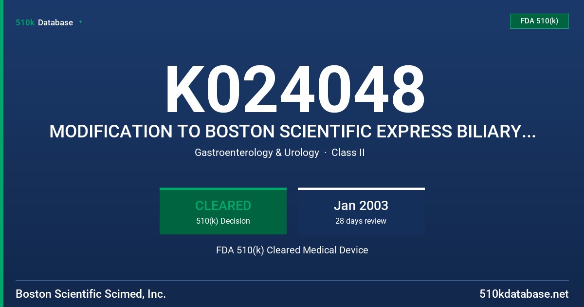 K024048 MODIFICATION TO BOSTON SCIENTIFIC EXPRESS BILIARY LD PREMOUNTED STENT SYSTEM FDA 510(k) Cleared Medical Device
