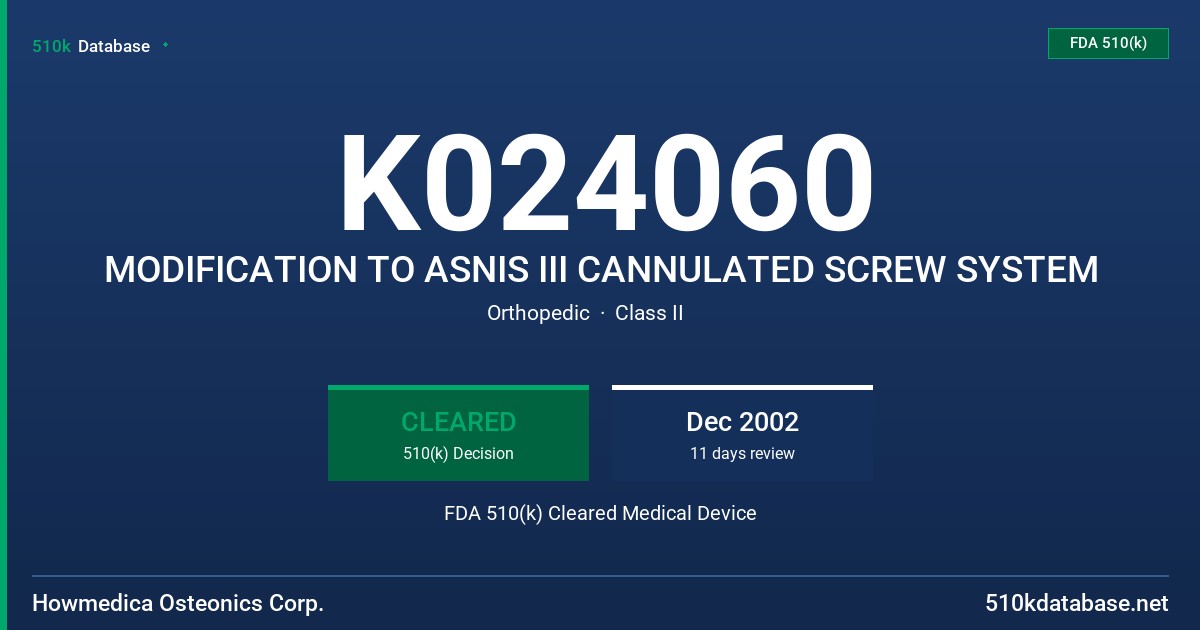 K024060 MODIFICATION TO ASNIS III CANNULATED SCREW SYSTEM FDA 510(k) Cleared Medical Device