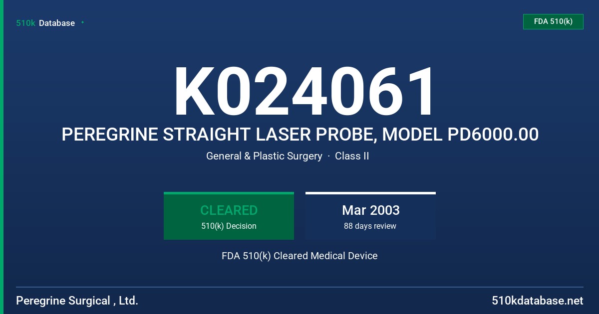 K024061 PEREGRINE STRAIGHT LASER PROBE, MODEL PD6000.00 FDA 510(k) Cleared Medical Device