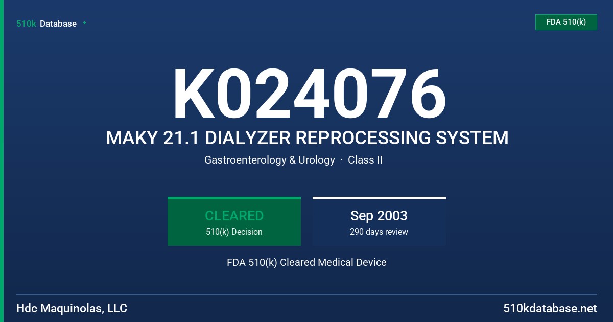 K024076 MAKY 21.1 DIALYZER REPROCESSING SYSTEM FDA 510(k) Cleared Medical Device