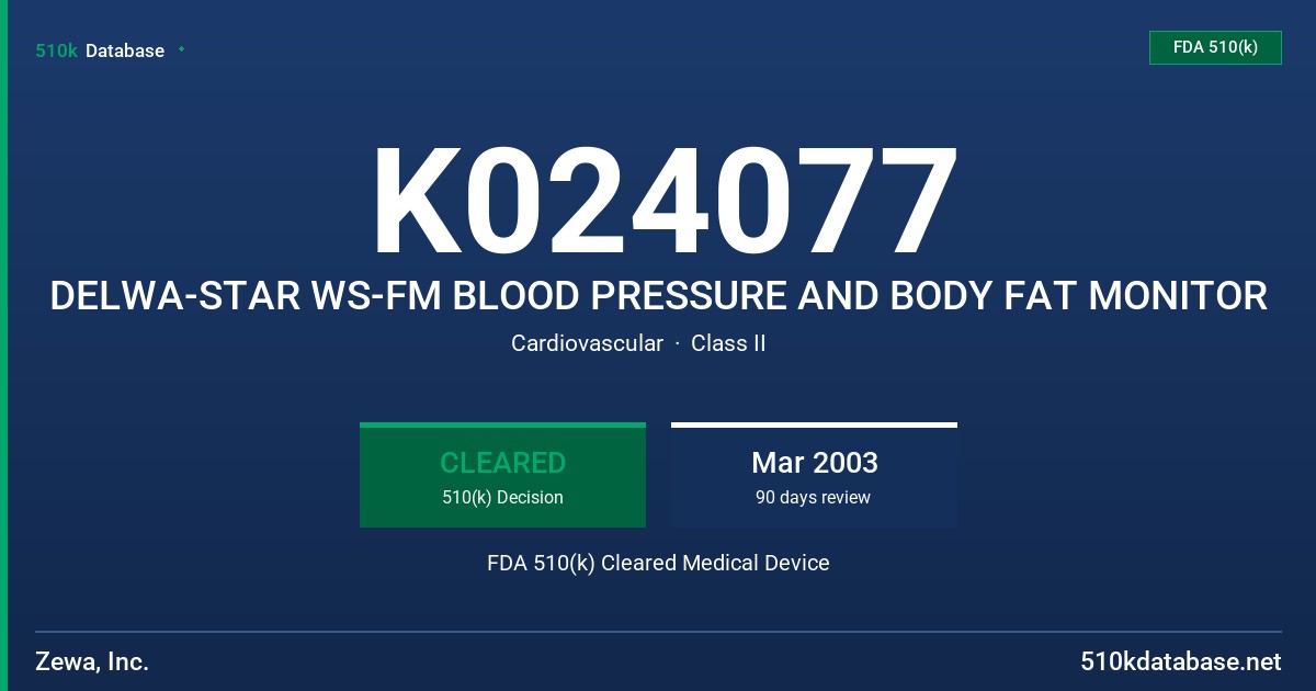 K024077 DELWA-STAR WS-FM BLOOD PRESSURE AND BODY FAT MONITOR FDA 510(k) Cleared Medical Device