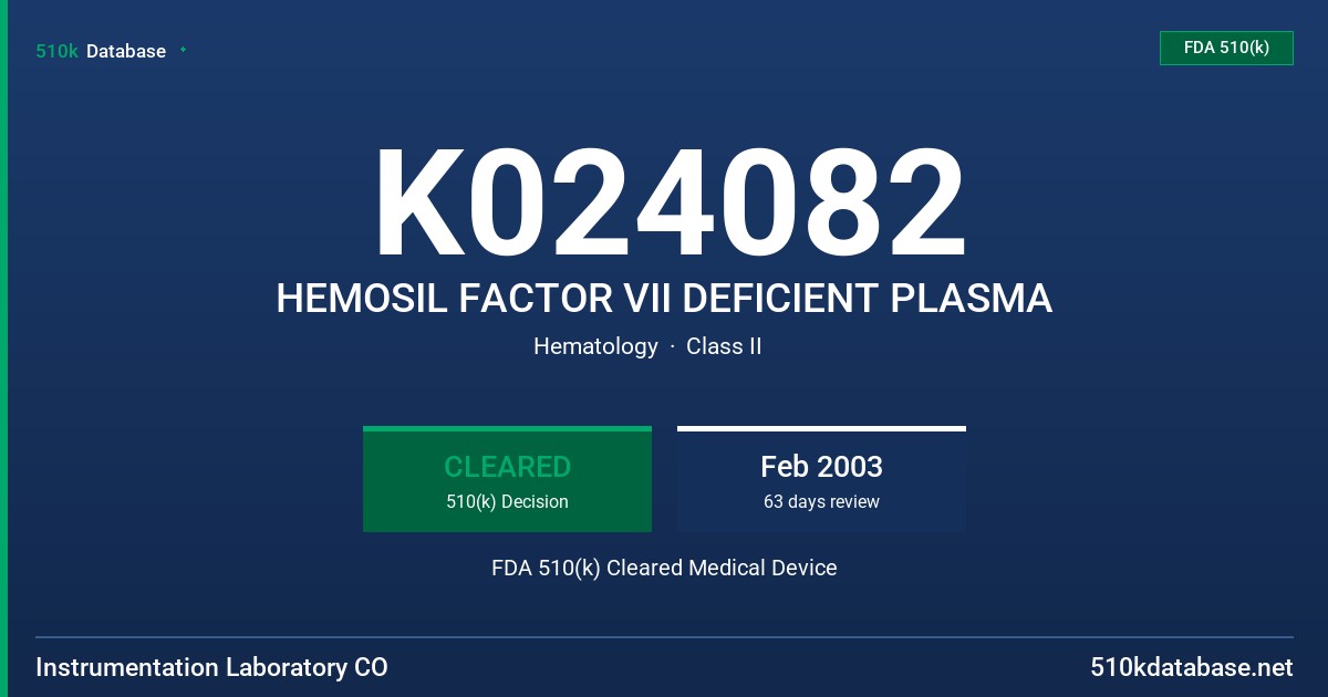 K024082 HEMOSIL FACTOR VII DEFICIENT PLASMA FDA 510(k) Cleared Medical Device