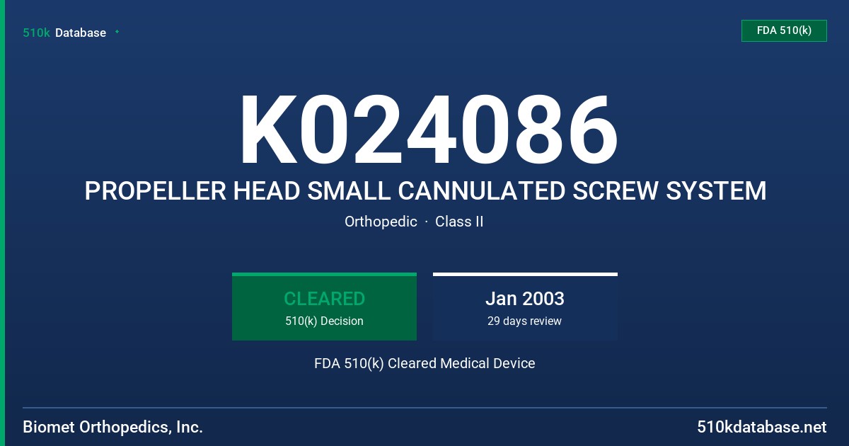 K024086 PROPELLER HEAD SMALL CANNULATED SCREW SYSTEM FDA 510(k) Cleared Medical Device