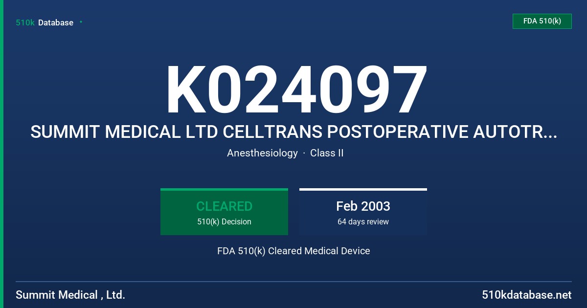 K024097 SUMMIT MEDICAL LTD CELLTRANS POSTOPERATIVE AUTOTRANSFUSION SET, MODELS AB400-10, AB400-12, AB400-14 FDA 510(k) Cleared Medical Device