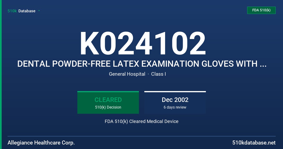 K024102 DENTAL POWDER-FREE LATEX EXAMINATION GLOVES WITH PROTEIN LABELING CLAIM FDA 510(k) Cleared Medical Device