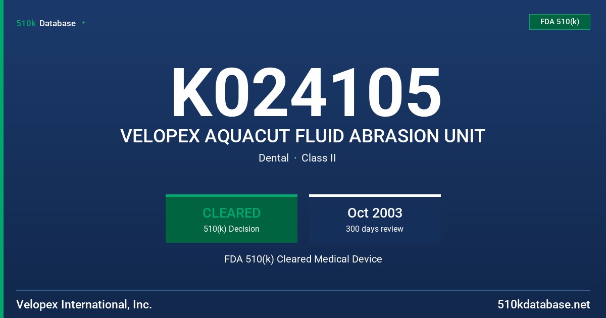 K024105 VELOPEX AQUACUT FLUID ABRASION UNIT FDA 510(k) Cleared Medical Device