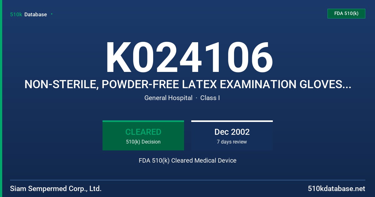 K024106 NON-STERILE, POWDER-FREE LATEX EXAMINATION GLOVES WITH POLYMER COATING, VITAMIN E AND PROTEIN CLAIM FDA 510(k) Cleared Medical Device