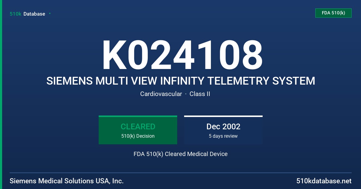K024108 SIEMENS MULTI VIEW INFINITY TELEMETRY SYSTEM FDA 510(k) Cleared Medical Device