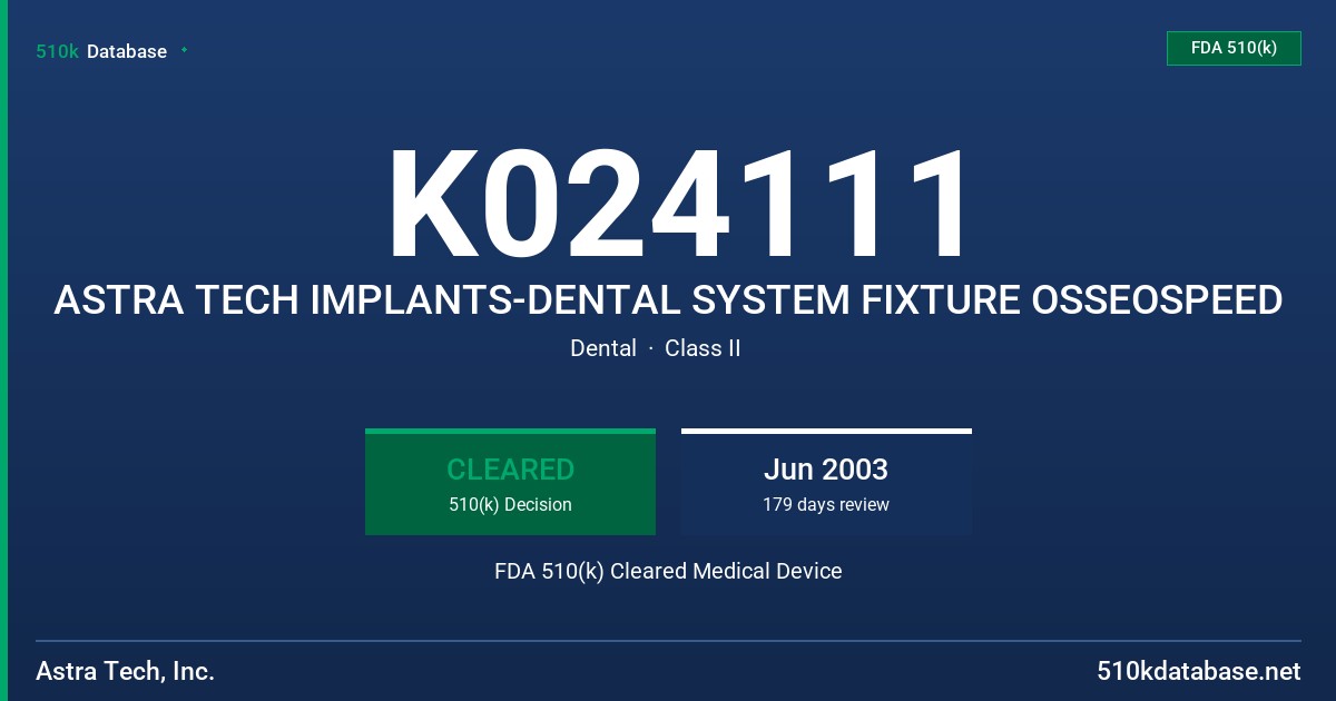 K024111 ASTRA TECH IMPLANTS-DENTAL SYSTEM FIXTURE OSSEOSPEED FDA 510(k) Cleared Medical Device