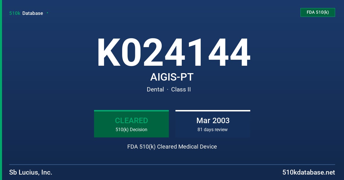 K024144 AIGIS-PT FDA 510(k) Cleared Medical Device