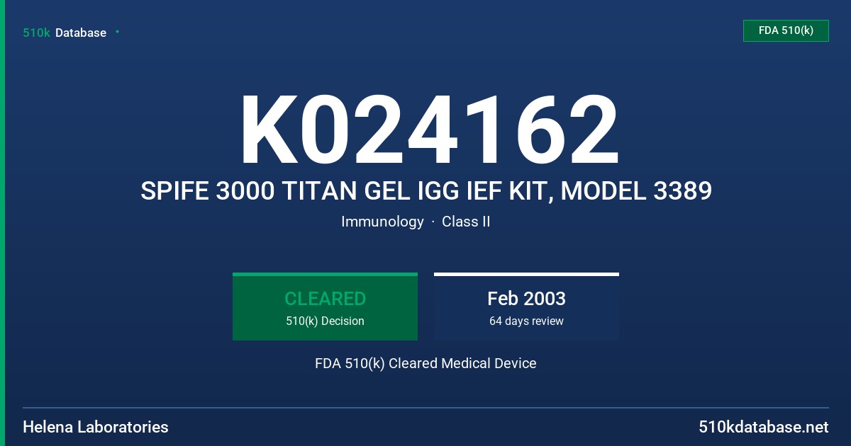 K024162 SPIFE 3000 TITAN GEL IGG IEF KIT, MODEL 3389 FDA 510(k) Cleared Medical Device
