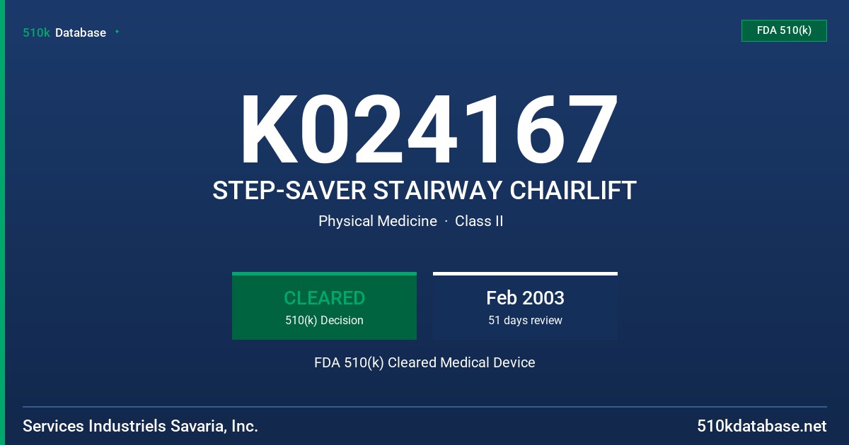 K024167 STEP-SAVER STAIRWAY CHAIRLIFT FDA 510(k) Cleared Medical Device