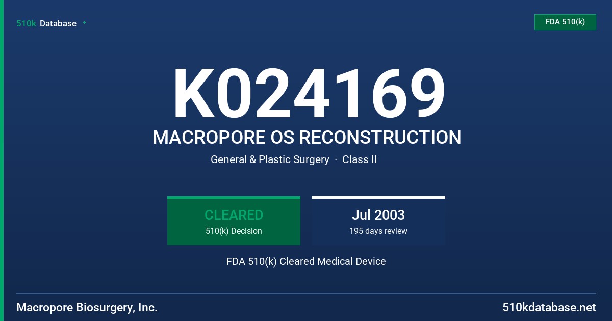 K024169 MACROPORE OS RECONSTRUCTION FDA 510(k) Cleared Medical Device