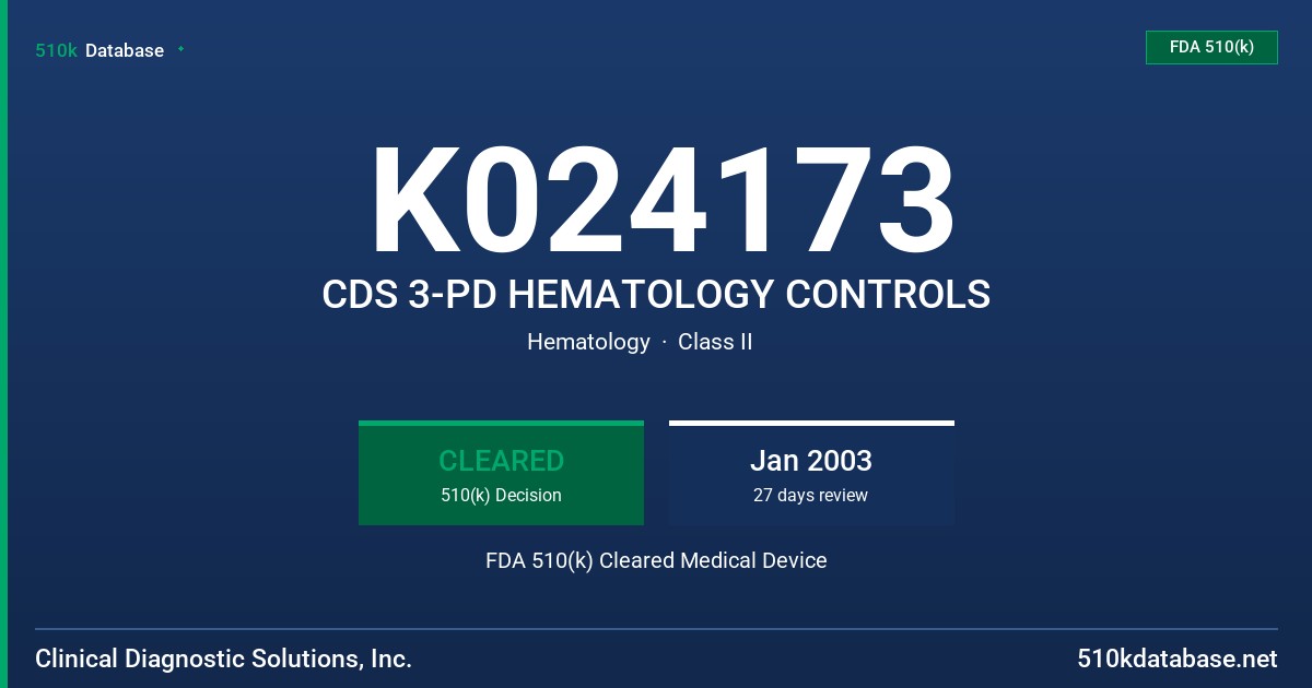 K024173 CDS 3-PD HEMATOLOGY CONTROLS FDA 510(k) Cleared Medical Device
