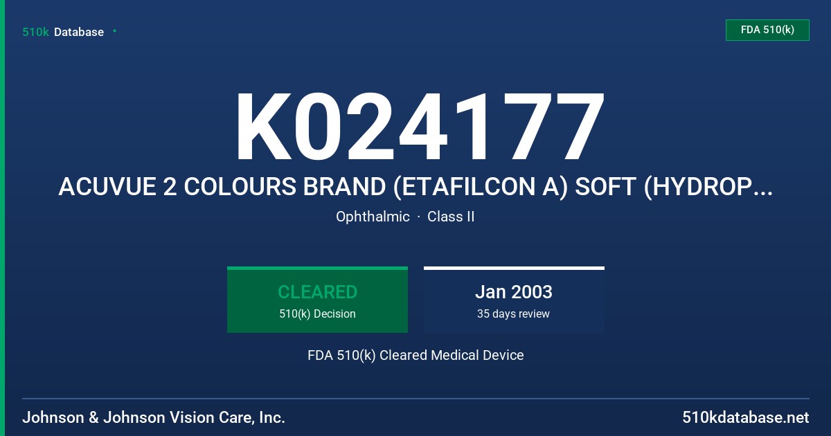 K024177 ACUVUE 2 COLOURS BRAND (ETAFILCON A) SOFT (HYDROPHILIC) CONTACT LENS WITH UV BLOCKER FDA 510(k) Cleared Medical Device