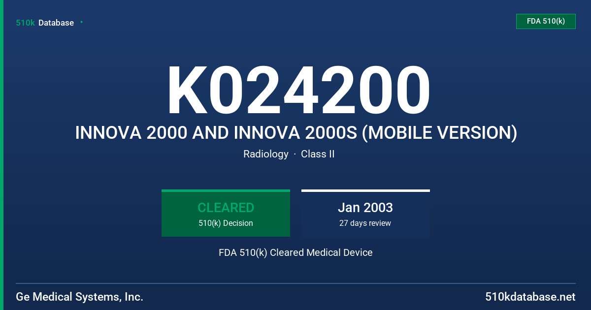 K024200 INNOVA 2000 AND INNOVA 2000S (MOBILE VERSION) FDA 510(k) Cleared Medical Device