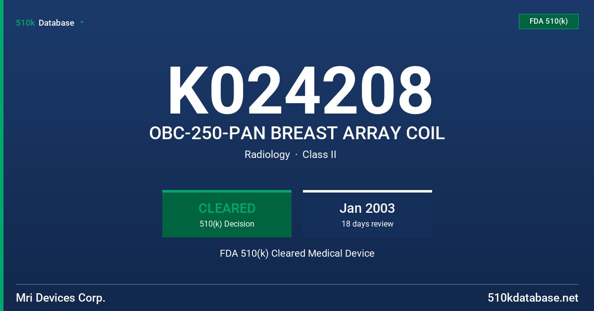 K024208 OBC-250-PAN BREAST ARRAY COIL FDA 510(k) Cleared Medical Device
