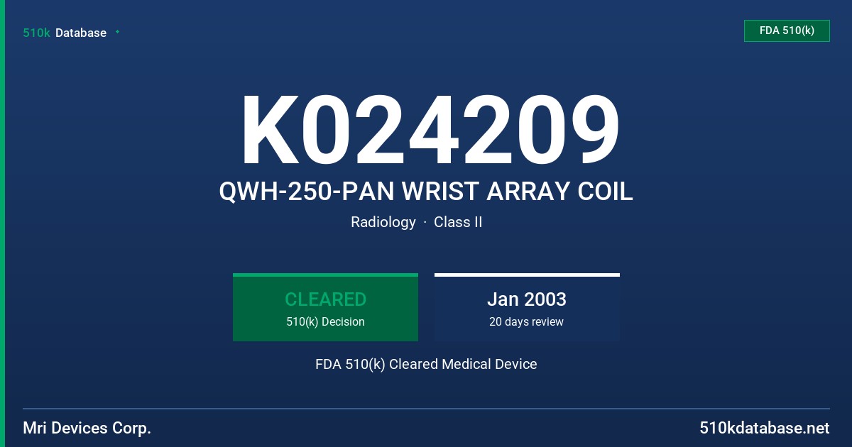 K024209 QWH-250-PAN WRIST ARRAY COIL FDA 510(k) Cleared Medical Device