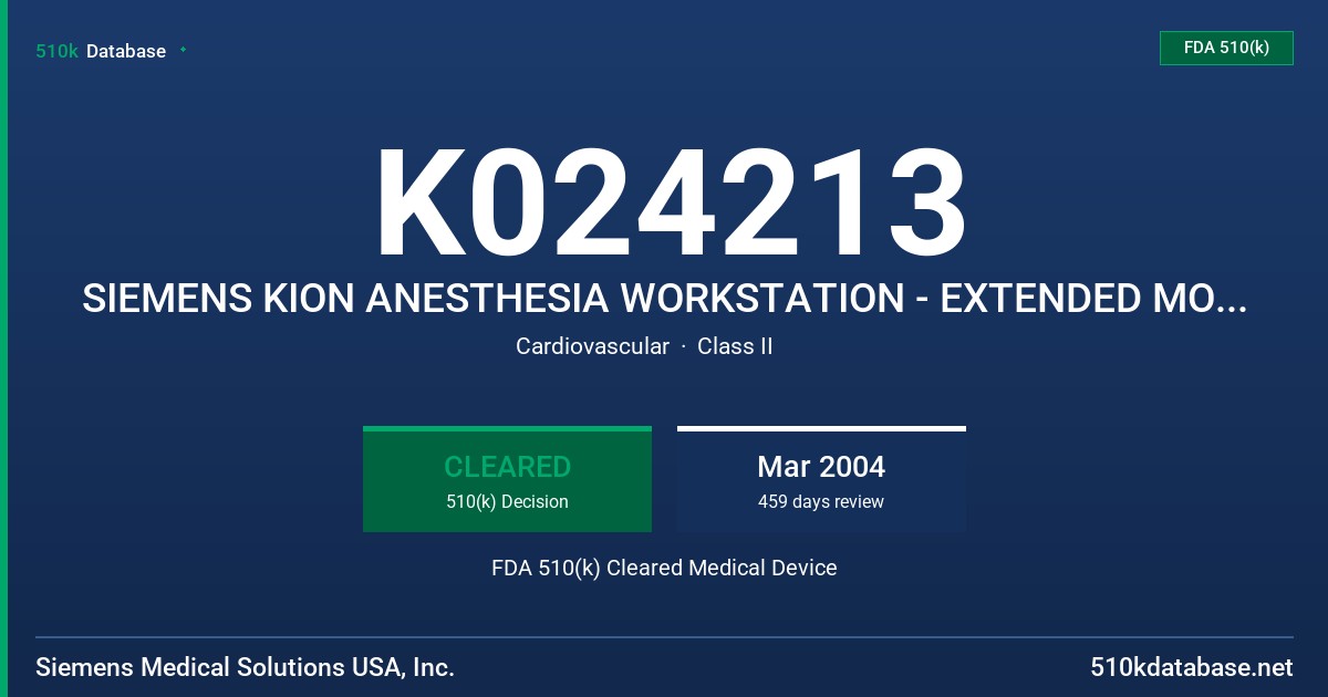 K024213 SIEMENS KION ANESTHESIA WORKSTATION - EXTENDED MODES FUNCTIONALITY, MODELS: 64 62 910 E392E, 65 22 572 E397E, 65 03 655 FDA 510(k) Cleared Medical Device