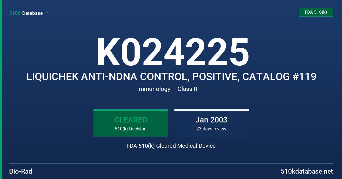 K024225 LIQUICHEK ANTI-NDNA CONTROL, POSITIVE, CATALOG #119 FDA 510(k) Cleared Medical Device