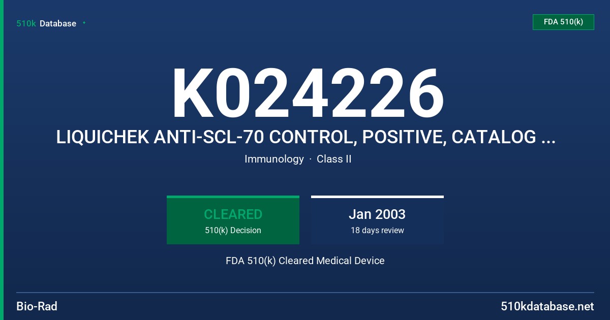 K024226 LIQUICHEK ANTI-SCL-70 CONTROL, POSITIVE, CATALOG #116 FDA 510(k) Cleared Medical Device