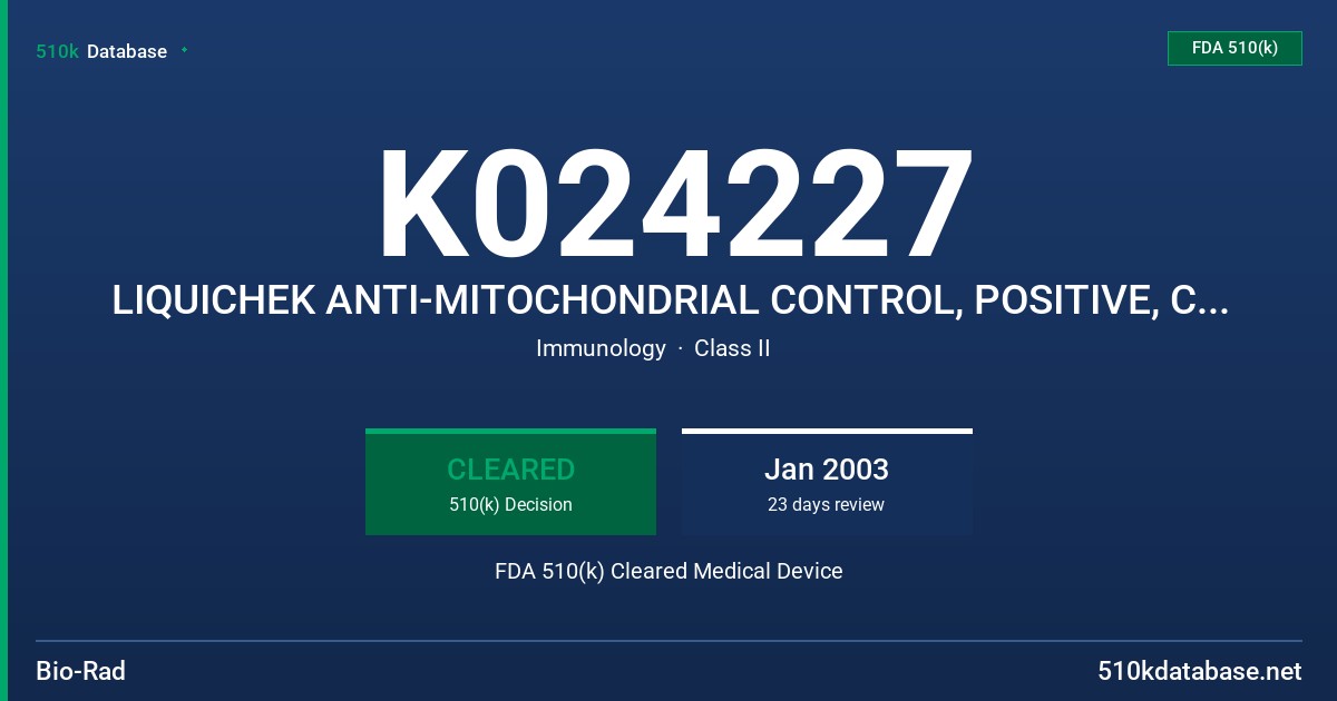K024227 LIQUICHEK ANTI-MITOCHONDRIAL CONTROL, POSITIVE, CATALOG #127 FDA 510(k) Cleared Medical Device