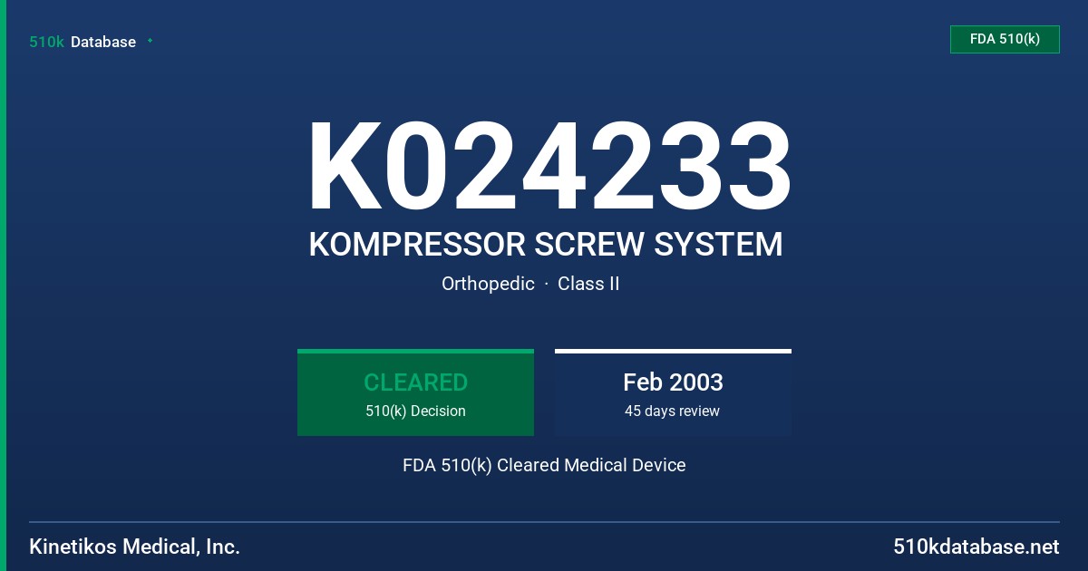 K024233 KOMPRESSOR SCREW SYSTEM FDA 510(k) Cleared Medical Device