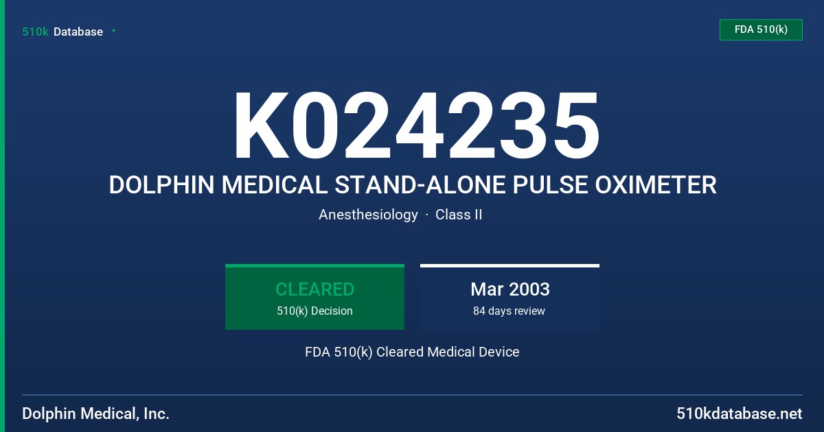 K024235 DOLPHIN MEDICAL STAND-ALONE PULSE OXIMETER FDA 510(k) Cleared Medical Device
