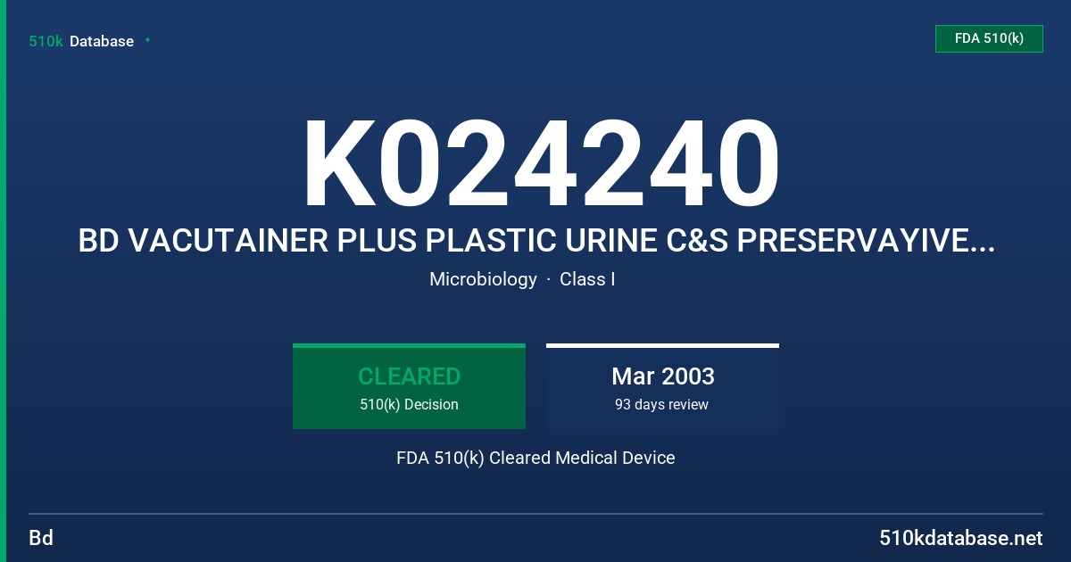 K024240 BD VACUTAINER PLUS PLASTIC URINE C&S PRESERVAYIVE TUBES AND KITS FDA 510(k) Cleared Medical Device