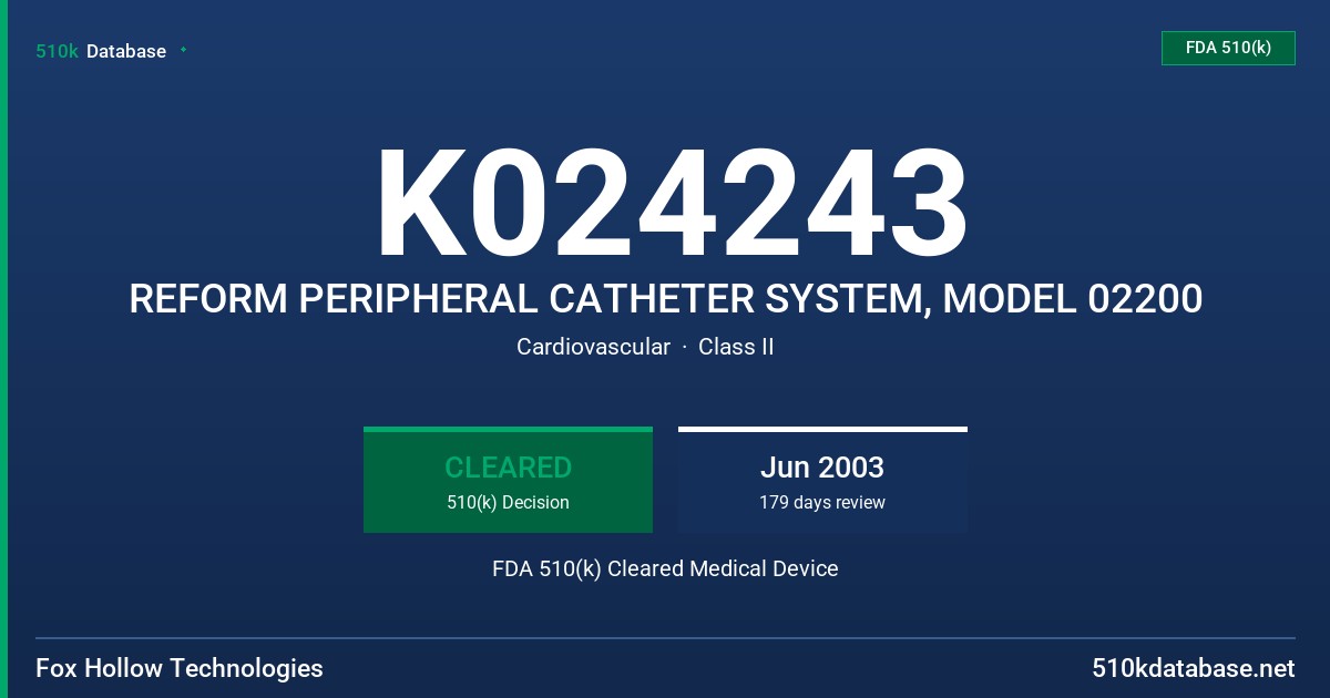 K024243 REFORM PERIPHERAL CATHETER SYSTEM, MODEL 02200 FDA 510(k) Cleared Medical Device