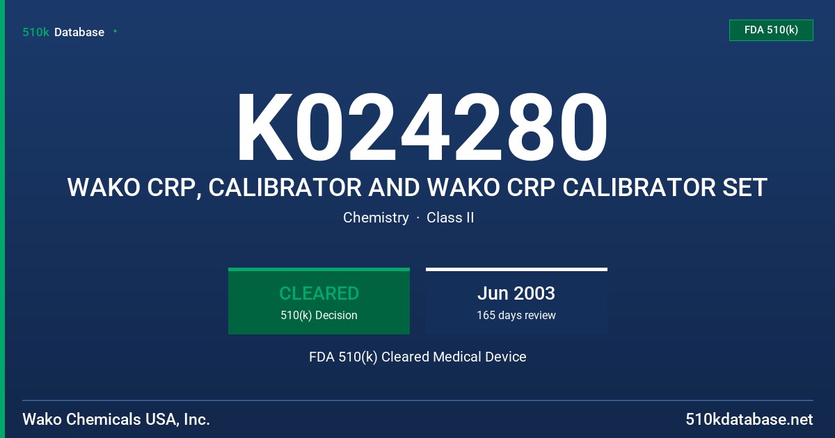 K024280 WAKO CRP, CALIBRATOR AND WAKO CRP CALIBRATOR SET FDA 510(k) Cleared Medical Device