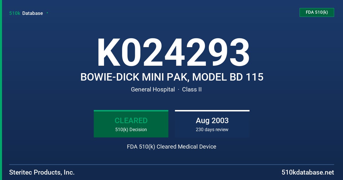 K024293 BOWIE-DICK MINI PAK, MODEL BD 115 FDA 510(k) Cleared Medical Device