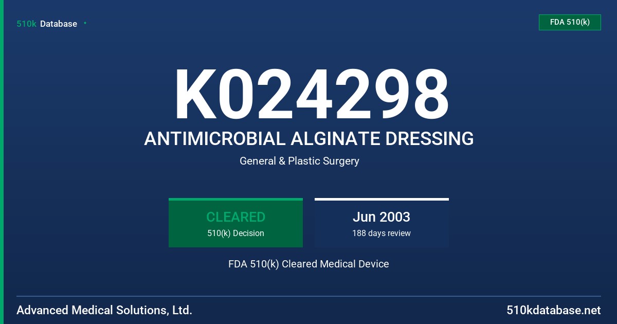 K024298 ANTIMICROBIAL ALGINATE DRESSING FDA 510(k) Cleared Medical Device