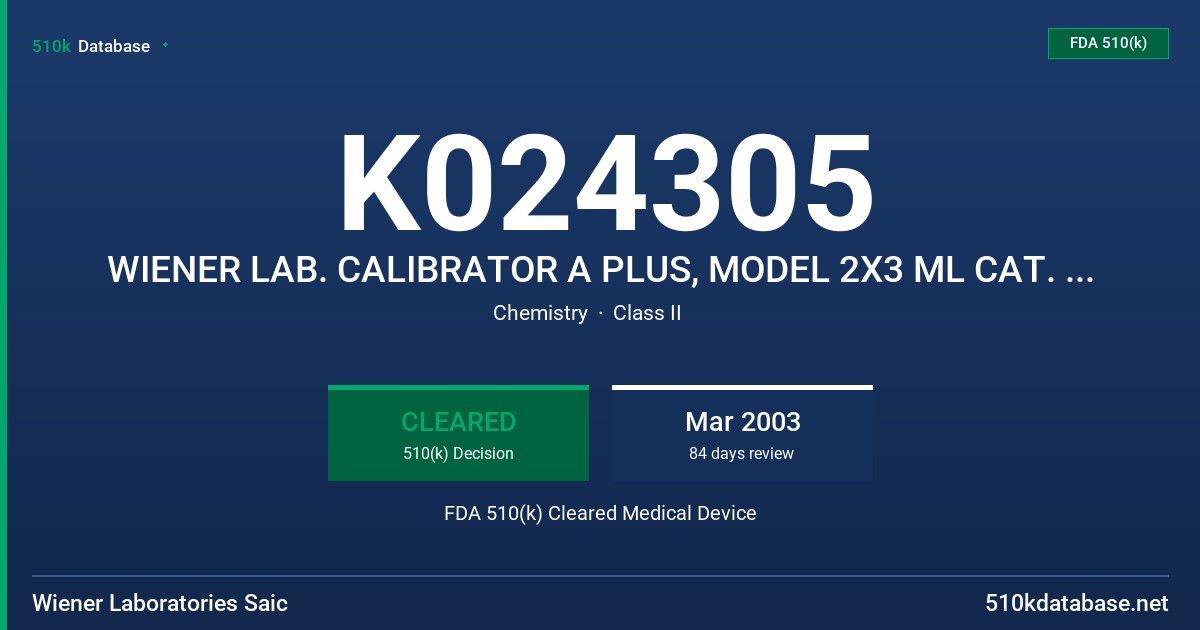 K024305 WIENER LAB. CALIBRATOR A PLUS, MODEL 2X3 ML CAT. NR. 1918006 FDA 510(k) Cleared Medical Device