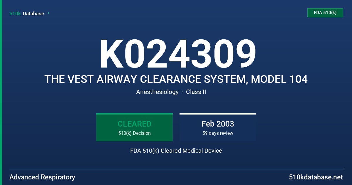 K024309 THE VEST AIRWAY CLEARANCE SYSTEM, MODEL 104 FDA 510(k) Cleared Medical Device
