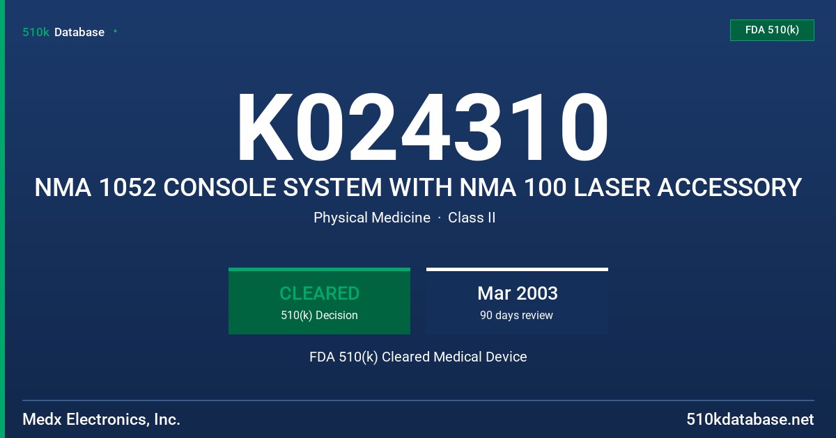 K024310 NMA 1052 CONSOLE SYSTEM WITH NMA 100 LASER ACCESSORY FDA 510(k) Cleared Medical Device