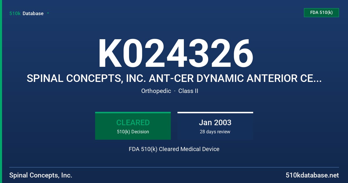 K024326 SPINAL CONCEPTS, INC. ANT-CER DYNAMIC ANTERIOR CERVICAL PLATE SYSTEM FDA 510(k) Cleared Medical Device