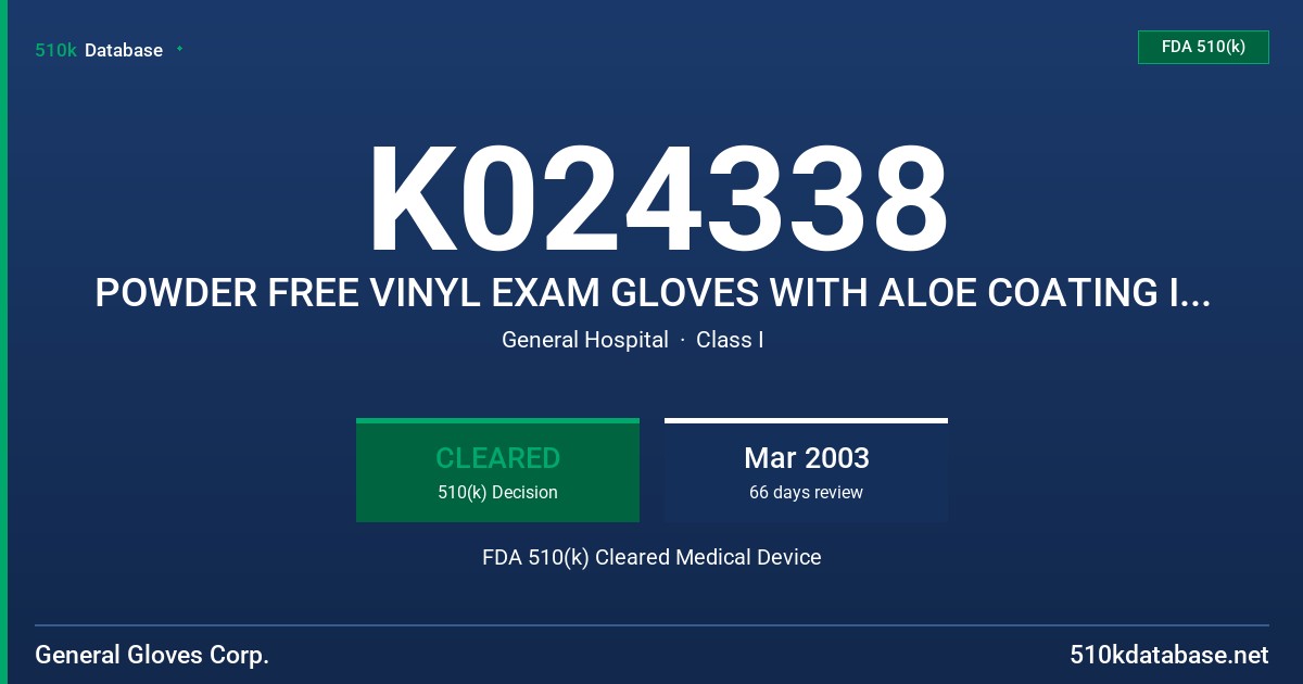 K024338 POWDER FREE VINYL EXAM GLOVES WITH ALOE COATING INSIDE FDA 510(k) Cleared Medical Device