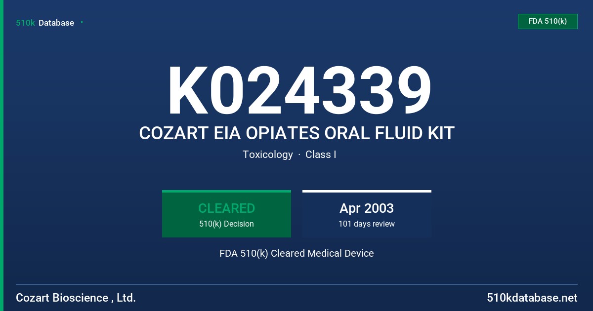 K024339 COZART EIA OPIATES ORAL FLUID KIT FDA 510(k) Cleared Medical Device