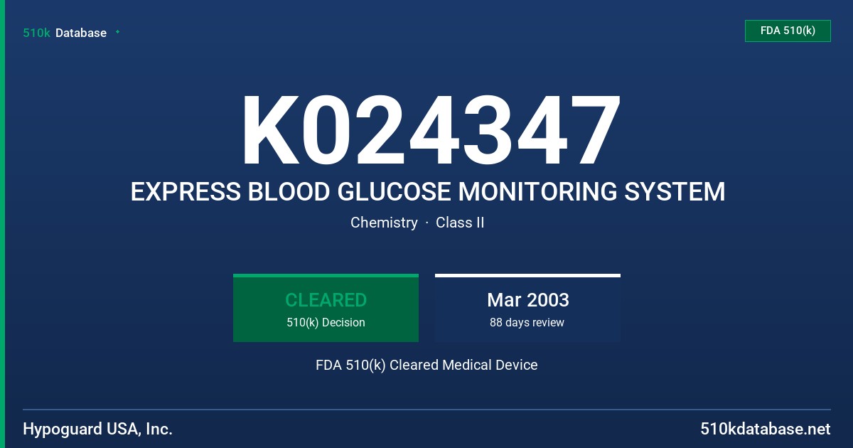 K024347 EXPRESS BLOOD GLUCOSE MONITORING SYSTEM FDA 510(k) Cleared Medical Device