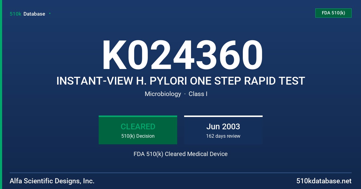 K024360 INSTANT-VIEW H. PYLORI ONE STEP RAPID TEST FDA 510(k) Cleared Medical Device