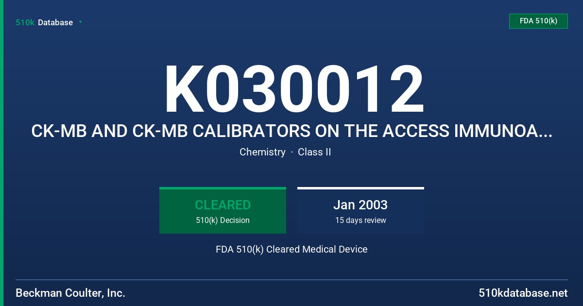 K030012 CK-MB AND CK-MB CALIBRATORS ON THE ACCESS IMMUNOASSAY SYSTEMS, MODELS 386371 AND 386372 FDA 510(k) Cleared Medical Device