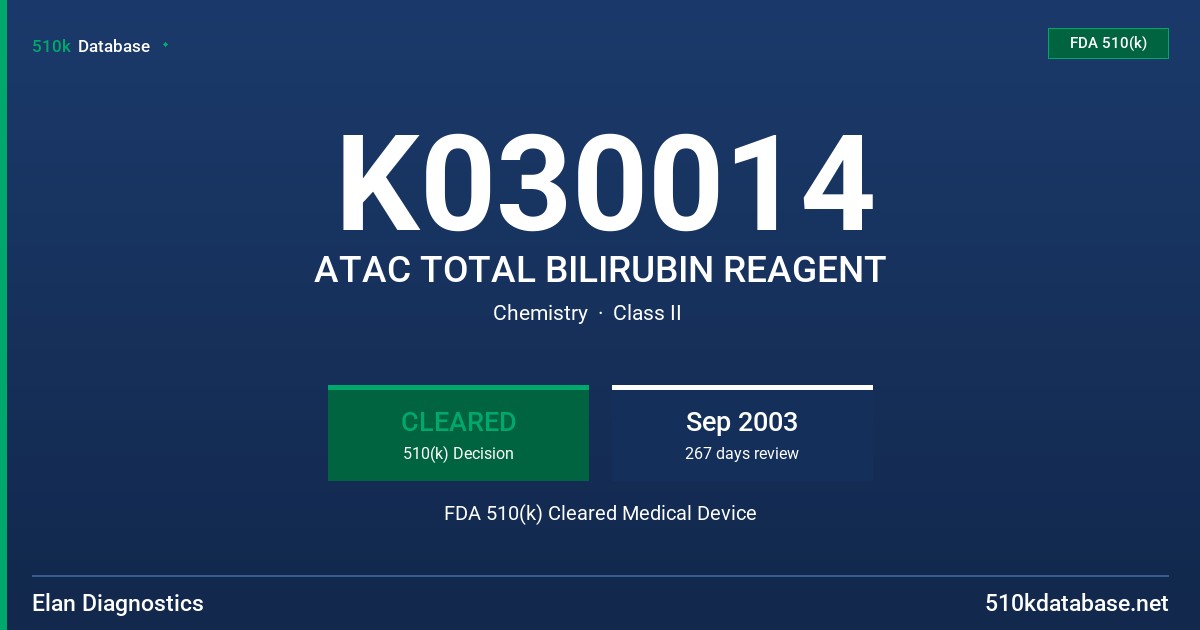 K030014 ATAC TOTAL BILIRUBIN REAGENT FDA 510(k) Cleared Medical Device