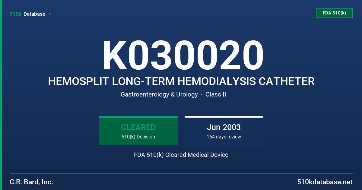 K030020 HEMOSPLIT LONG-TERM HEMODIALYSIS CATHETER FDA 510(k) Cleared Medical Device