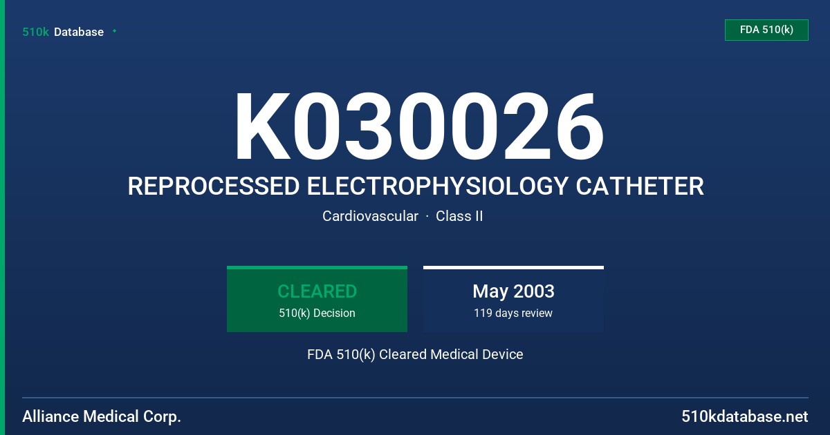 K030026 REPROCESSED ELECTROPHYSIOLOGY CATHETER FDA 510(k) Cleared Medical Device