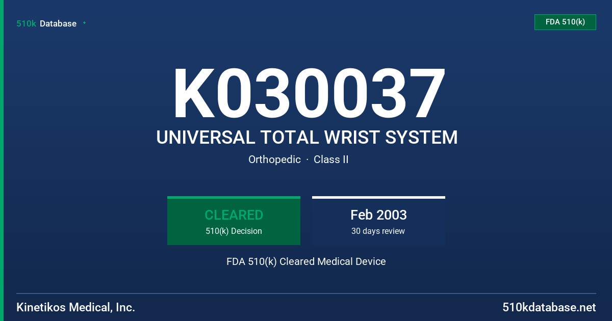 K030037 UNIVERSAL TOTAL WRIST SYSTEM FDA 510(k) Cleared Medical Device