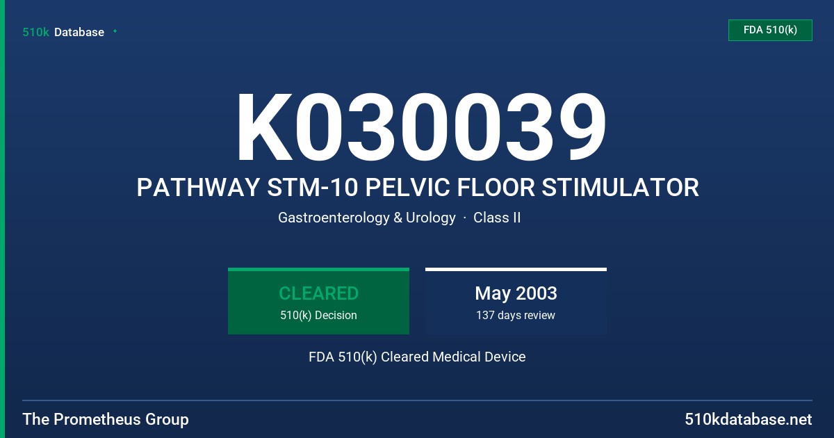 K030039 PATHWAY STM-10 PELVIC FLOOR STIMULATOR FDA 510(k) Cleared Medical Device