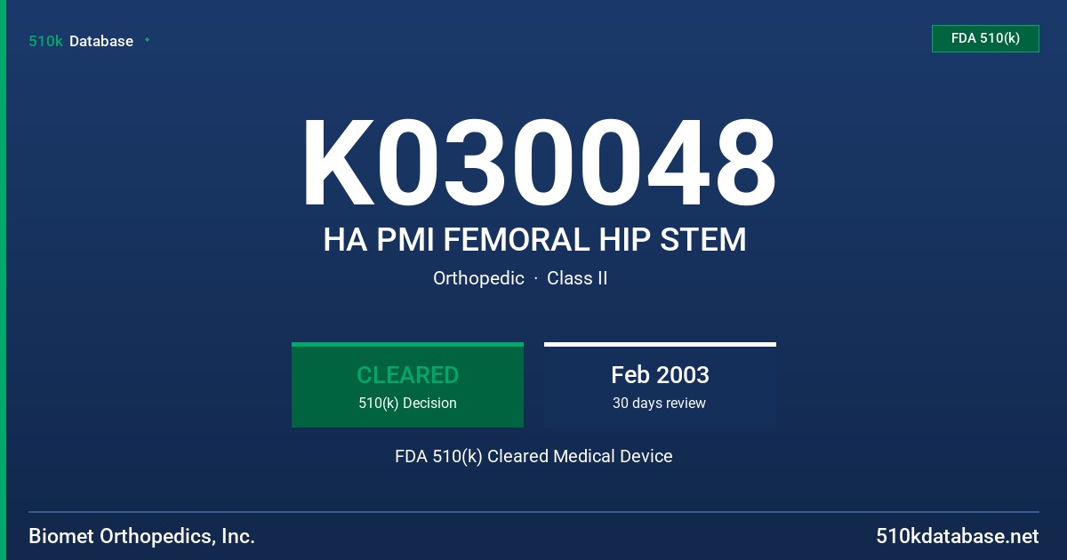 K030048 HA PMI FEMORAL HIP STEM FDA 510(k) Cleared Medical Device