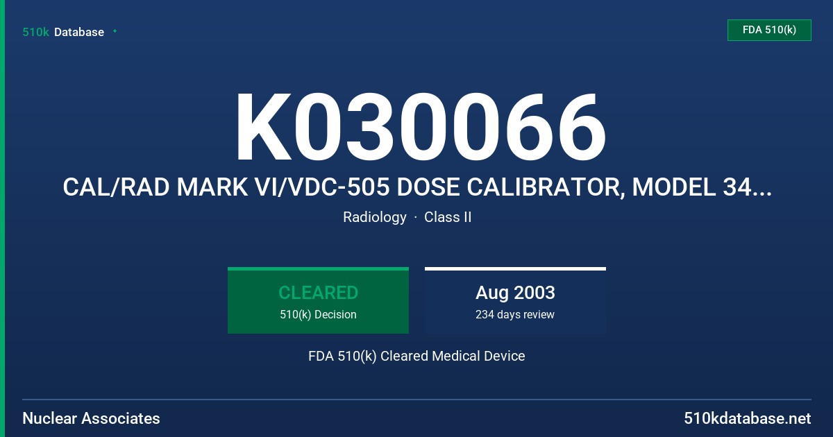 K030066 CAL/RAD MARK VI/VDC-505 DOSE CALIBRATOR, MODEL 34-165 FDA 510(k) Cleared Medical Device