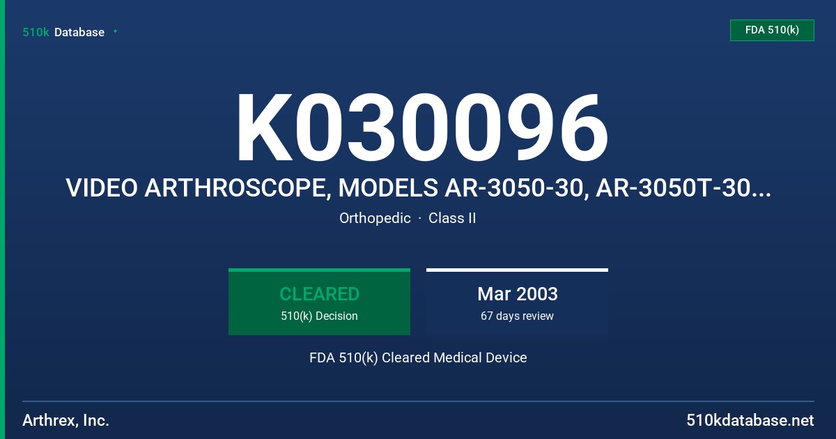 K030096 VIDEO ARTHROSCOPE, MODELS AR-3050-30, AR-3050T-30, AR-3050-70, AR-3051-30, AR-3052-30, AR3030AN, AR-3030AS, AR3030AW FDA 510(k) Cleared Medical Device